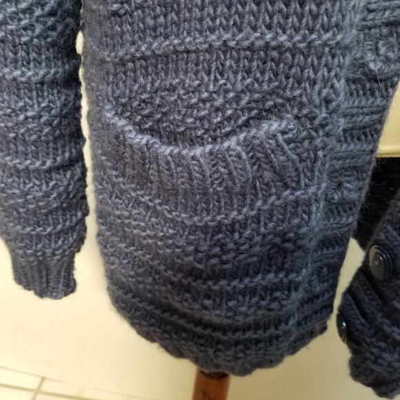 Aran Style Womens Cardigan Sweater Blue Wool Chunky Knit Long Pockets Fits Sz L - Picture 9 of 13